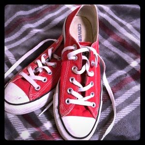 Red Converse Lo-Rise. Women’s size 9.5, men’s 7.5.